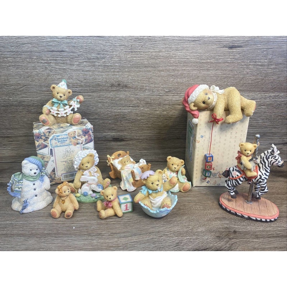 Lot Of 10 Enesco Cherished Teddies From 1992 to 1998, 2 Boxes Birthday, Carousel